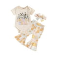 thumbnail image 1 of Bagilaanoe 3pcs Newborn Baby Girl Pants Set Short Sleeve Romper Tops + Flower Flare Trousers + Headband 3M 6M 12M 18M Infant Casual Clothes, 1 of 8
