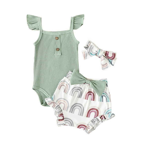 Bagilaanoe 3pcs Newborn Baby Girl Short Pants Set Fly Sleeve Romper Tops + Rainbow Shorts + Headband 3M 6M 12M 18M Infant Casual Summer Outfits