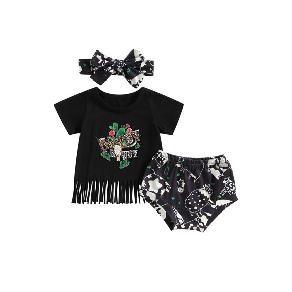 Bagilaanoe 3pcs Newborn Baby Girl Short Pants Set Letter Print Short Sleeve Tassel T-shirt Tops + Shorts + Headband 6M 12M 18M 24M Infant Casual Summer Outfits
