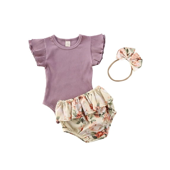 Bagilaanoe 3pcs Newborn Baby Girl Short Pants Set Ruffle Short Sleeve Romper Tops + Floral Shorts + Headband 3M 6M 12M 18M Infant Casual Summer Outfits