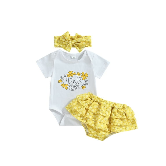 Bagilaanoe 3pcs Newborn Baby Girl Short Pants Set Short Sleeve Letter Print Romper Tops + Ruffled Shorts + Headband 6M 12M 18M 24M Infant Casual Summer Outfits