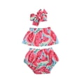 thumbnail image 1 of Bagilaanoe 3pcs Newborn Baby Girl Short Pants Set Watermelon Print Off Shoulder Crop Tops + Shorts Bottom + Headband 6M 12M 18M 24M Infant Casual Summer Outfits, 1 of 8