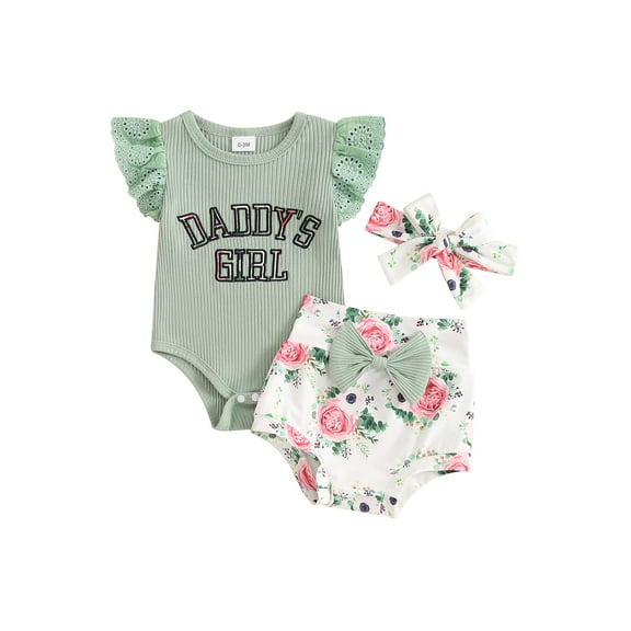 Bagilaanoe 3pcs Newborn Baby Girl Shorts Set Fly Sleeve Letter Print Romper Tops   Flower Shorts   Hairband 3M 6M 12M 18M Infant Casual Summer Clothes