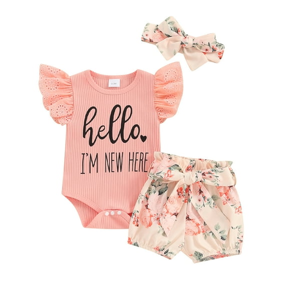 Bagilaanoe 3pcs Newborn Baby Girl Shorts Set Fly Sleeve Letter Print Romper Tops + Flower Shorts + Hairband 3M 6M Infant Casual Summer Clothes