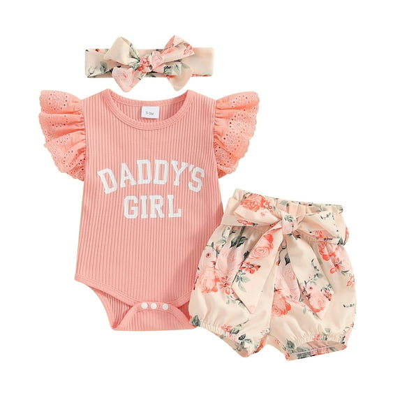 Bagilaanoe 3pcs Newborn Baby Girl Shorts Set Fly Sleeve Letter Print Rompers Tops + Floral Shorts + Headband 3M 6M 24M Infant Casual Summer Clothes