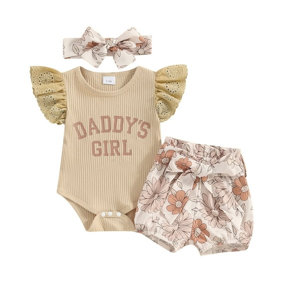 Bagilaanoe 3pcs Newborn Baby Girl Shorts Set Fly Sleeve Letter Print Rompers Tops + Floral Shorts + Headband 3M 6M 24M Infant Casual Summer Clothes
