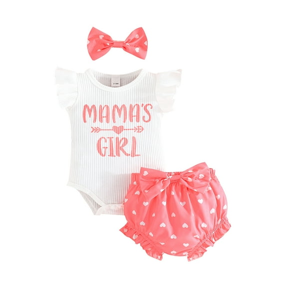 Bagilaanoe 3pcs Newborn Baby Girl Shorts Set Fly Sleeve Letter Print Rompers Tops + Heart Shorts + Headband 3M 6M 9M 12M 18M 24M Infant Casual Summer Clothes