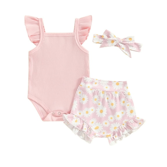 Bagilaanoe 3pcs Newborn Baby Girl Shorts Set Fly Sleeve Romper Tops + Flower Shorts + Hairband 3M 6M 9M 12M 18M Infant Casual Summer Clothes