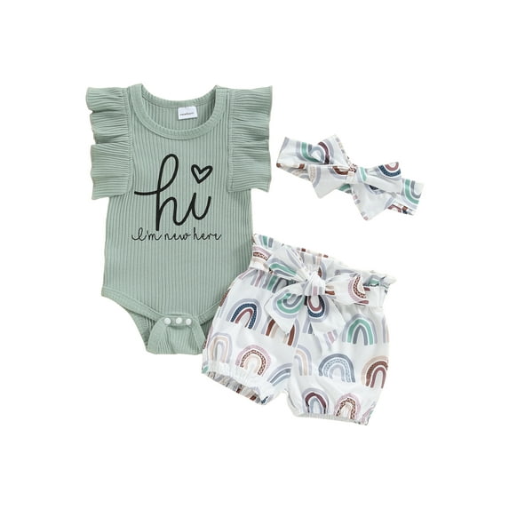 Bagilaanoe 3pcs Newborn Baby Girl Shorts Set Fly Sleeve Romper Tops + Shorts + Hairband 3M 6M Infant Casual Summer Clothes
