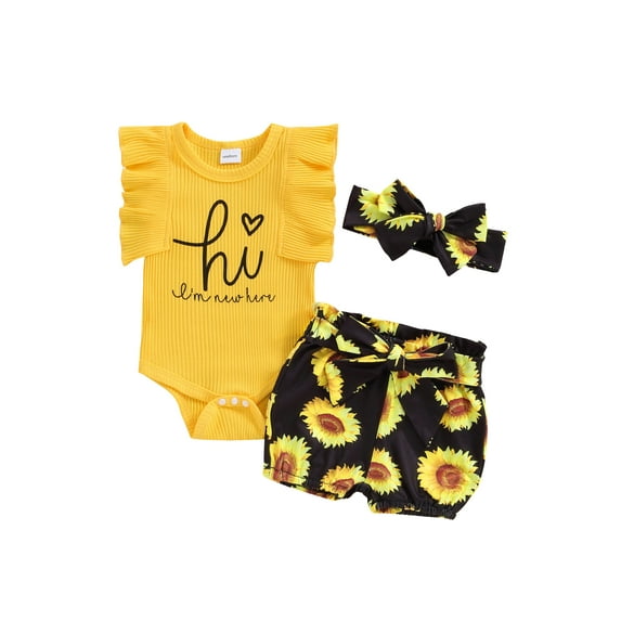 Bagilaanoe 3pcs Newborn Baby Girl Shorts Set Fly Sleeve Romper Tops + Shorts + Hairband 3M 6M Infant Casual Summer Clothes