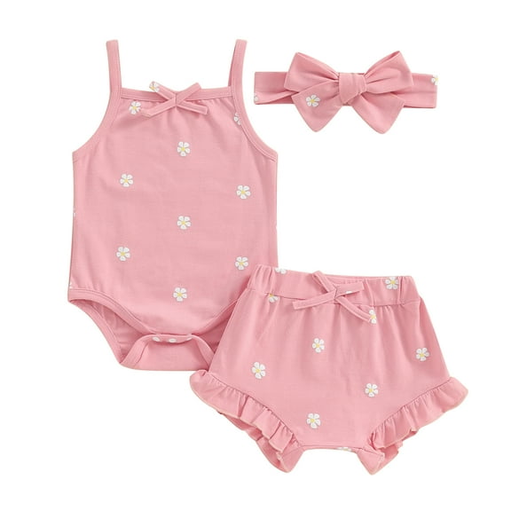 Bagilaanoe 3pcs Newborn Baby Girl Shorts Set Print Sleeveless Romper Tops   Ruffle Shorts   Headband 3M 6M 12M 18M Infant Casual Summer Clothes