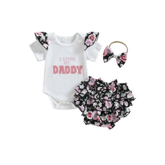 Bagilaanoe 3pcs Newborn Baby Girl Shorts Set Short Sleeve Letter Embroidery Romper Tops   Ruffled Shorts   Headband 3M 6M 9M 12M Infant Casual Summer Clothes