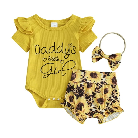 Bagilaanoe 3pcs Newborn Baby Girl Shorts Set Short Sleeve Letter Print Romper Tops + Sunflower Shorts + Headband 3M 6M 9M 12M 18M Infant Casual Summer Clothes