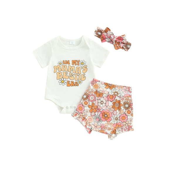 Bagilaanoe 3pcs Newborn Baby Girl Shorts Set Short Sleeve Letter Print Romper Tops   Sunflower Shorts   Headband 3M 6M 12M 18M Infant Casual Summer Clothes