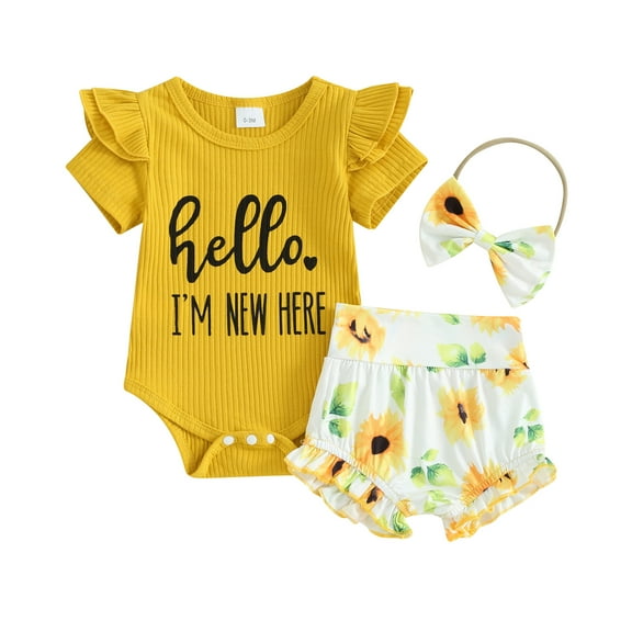 Bagilaanoe 3pcs Newborn Baby Girl Shorts Set Short Sleeve Letter Print Romper Tops   Sunflower Shorts   Headband 3M 6M 9M 12M 18M Infant Casual Summer Clothes