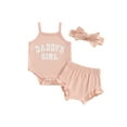 thumbnail image 1 of Bagilaanoe 3pcs Newborn Baby Girl Shorts Set Sleeveless Letter Print Romper Tops + Shorts + Headband 3M 6M 12M 18M Infant Casual Summer Clothes, 1 of 7