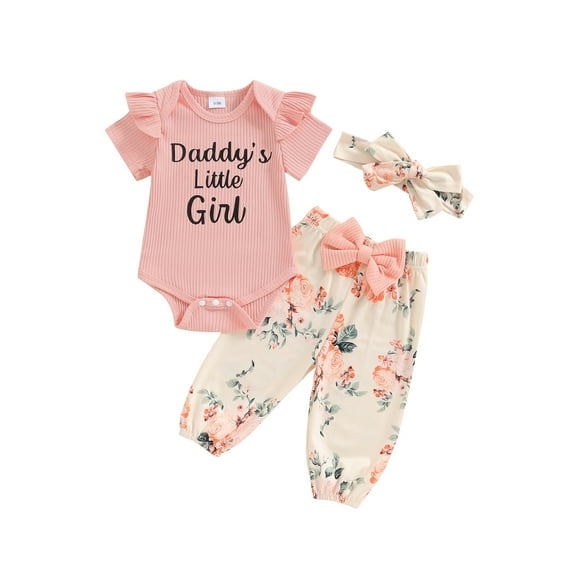 Bagilaanoe 3pcs Newborn Baby Girl Summer Outfits Pants Set Letter Short Sleeve Romper Tops   Floral Leggings   Headband 3M 6M 12M 18M Infant Casual Clothes