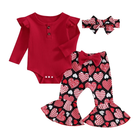 Bagilaanoe 3pcs Newborn Baby Girl Valentines Day Clothes Long Sleeve Romper Tops + Heart Flare Trousers + Headband 3M 6M 9M 12M 18M Infant Pants Set