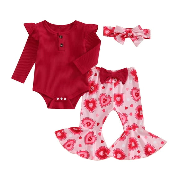 Bagilaanoe 3pcs Newborn Baby Girl Valentines Day Clothes Long Sleeve Romper Tops + Heart Flare Trousers + Headband 3M 6M 9M 12M 18M Infant Pants Set