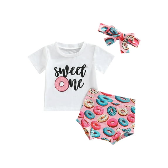Bagilaanoe 3pcs Newborn Baby Girls Birthday Outfits 6 12 18 24 Months Summer Letter Short Sleeve T-Shirt Tops + Donut Print Shorts + Headband