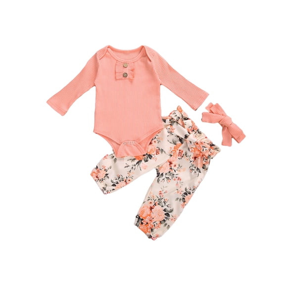 Bagilaanoe 3pcs Newborn Baby Girls Long Pants Set Long Sleeve Romper Tops Floral Print Trousers Handband 3M 6M 12M 18M Infant Casual Outfits
