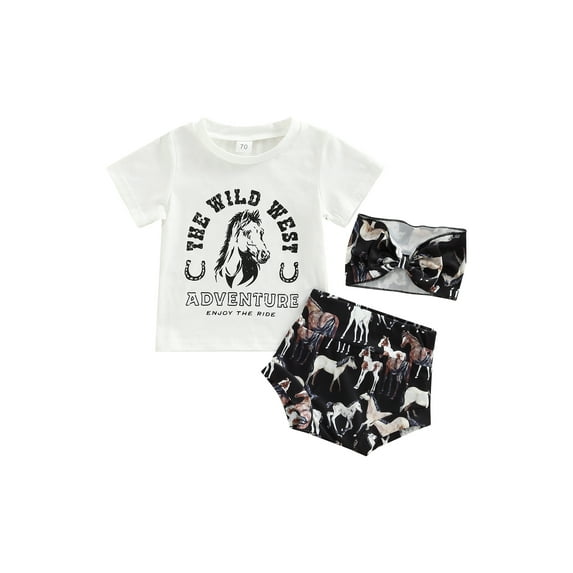 Bagilaanoe 3pcs Newborn Baby Girls Shorts Set Short Sleeve Horse Print T-shirt Short Pants Hairband 6M 12M 18M 24M 3T Infant Outfits