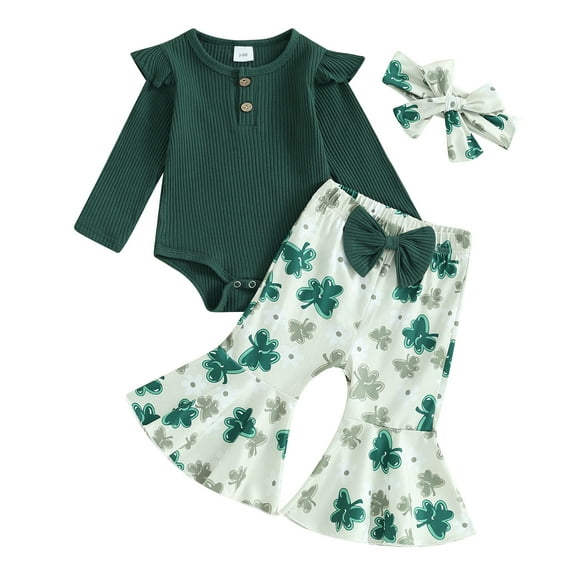 Bagilaanoe 3pcs Newborn Baby Holiday Outfits Girl Pants Set Long Sleeve Romper Tops + Flare Trousers + Headband 3M 6M 12M 18M Infant Casual Clothes