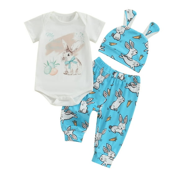 Bagilaanoe 3pcs Newborn Easter Outfits Baby Boys Pants Set Bunny Short Sleeve Romper Tops + Leggings + Hat 3M 6M 9M 12M Infant Casual Clothes