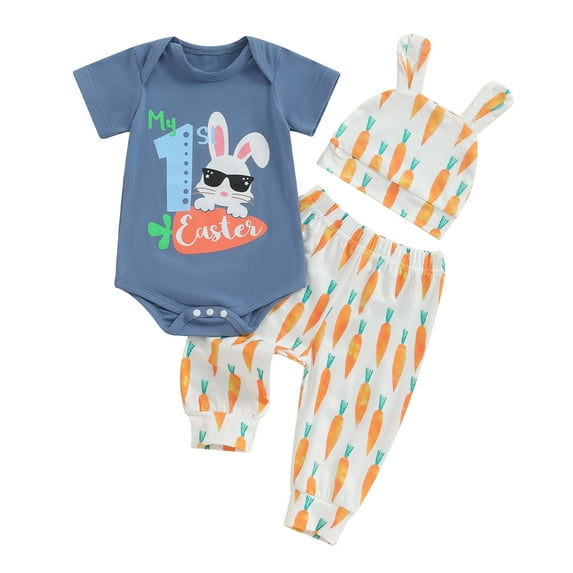 Bagilaanoe 3pcs Newborn Easter Outfits Baby Boys Pants Set Bunny Short Sleeve Romper Tops + Leggings + Hat 3M 6M 9M 12M Infant Casual Clothes