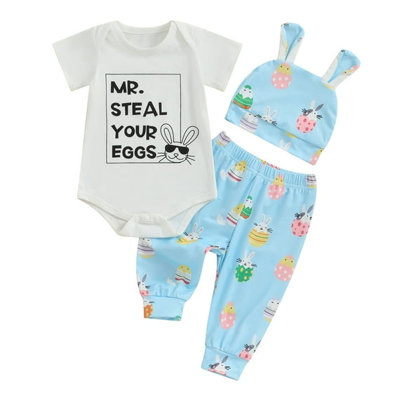 Bagilaanoe 3pcs Newborn Easter Outfits Baby Boys Pants Set Bunny Short Sleeve Romper Tops + Leggings + Hat 3M 6M 9M 12M Infant Casual Clothes