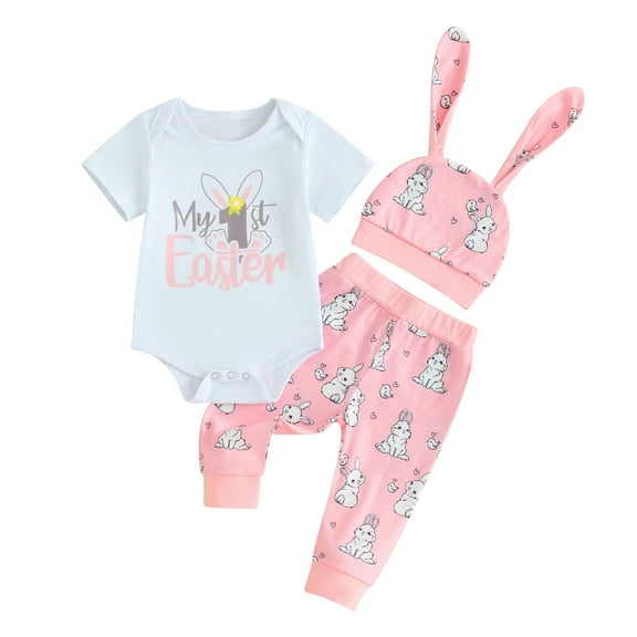 Bagilaanoe 3pcs Newborn Easter Outfits Baby Girl Pants Set Letter Short Sleeve Romper Tops   Leggings   Hat 3M 6M 12M 18M Infant Casual Clothes