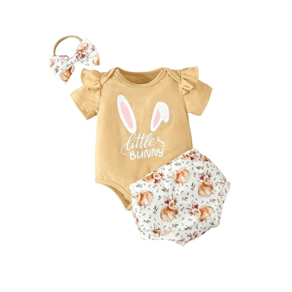 Bagilaanoe 3pcs Newborn Easter Outfits Baby Girl Shorts Set Short Sleeve Letter Print Romper Tops   Shorts   Headband 3M 6M 12M 18M Infant Casual Summer Clothes