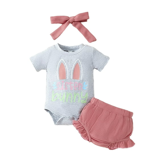 Bagilaanoe 3pcs Newborn Easter Outfits Baby Girl Shorts Set Short Sleeve Letter Print Romper Tops + Shorts + Headband 6M 12M 18M 24M Infant Casual Summer Clothes