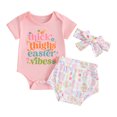 thumbnail image 1 of Bagilaanoe 3pcs Newborn Easter Outfits Baby Girl Shorts Set Short Sleeve Romper Tops + Shorts + Headband 3M 6M 12M 18M Infant Casual Summer Clothes, 1 of 8