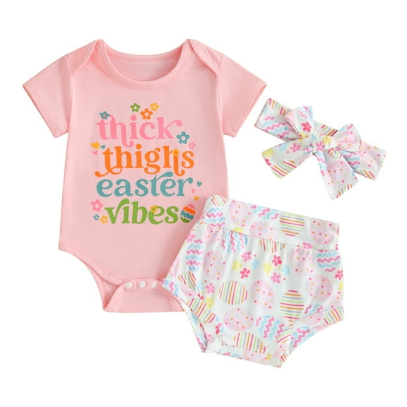 Bagilaanoe 3pcs Newborn Easter Outfits Baby Girl Shorts Set Short Sleeve Romper Tops   Shorts   Headband 3M 6M 12M 18M Infant Casual Summer Clothes