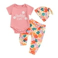 thumbnail image 1 of Bagilaanoe 3pcs Newborn Summer Outfits Baby Girl Pants Set Letter Short Sleeve Romper Tops + Floral Leggings + Hat 3M 6M 12M 18M Infant Casual Clothes, 1 of 7