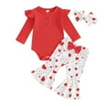 thumbnail image 1 of Bagilaanoe 3pcs Newborn Valentine's Day Outfits Baby Girl Pants Set Long Sleeve Romper Tops + Heart Print Flared Trousers + Headband 3M 6M 12M 18M Infant Casual Clothes, 1 of 8