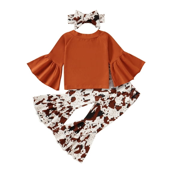 Bagilaanoe 3pcs Toddler Baby Girl Long Pants Set Bell Long Sleeve T Shirt Tops + Flare Trousers + Headband 6M 12M 18M 24M 3T 4T Kids Casual Outfits