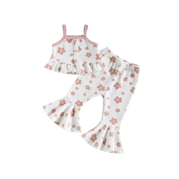 Bagilaanoe 3pcs Toddler Baby Girl Long Pants Set Floral Print Sleeveless Ruffled Camisole Tops + Flare Trousers 12M 18M 24M 3T 4T 5T Kid Casual Outfits