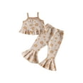 thumbnail image 1 of Bagilaanoe 3pcs Toddler Baby Girl Long Pants Set Floral Print Sleeveless Ruffled Camisole Tops + Flare Trousers 12M 18M 24M 3T 4T 5T Kid Casual Outfits, 1 of 9