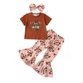 thumbnail image 1 of Bagilaanoe 3pcs Toddler Baby Girl Long Pants Set Graphic Print Short Sleeve T-Shirts Tops + Flare Trousers + Headband 6M 12M 18M 24M 3T 4T Kids Casual Outfits, 1 of 9