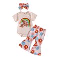thumbnail image 1 of Bagilaanoe 3pcs Toddler Baby Girl Long Pants Set Letter Print Short Sleeve Romper / T-Shirts Tops + Floral Flare Trousers + Headband 18M 24M 3T 4T 5T Kids Casual Outfits, 1 of 9