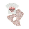thumbnail image 1 of Bagilaanoe 3pcs Toddler Baby Girl Long Pants Set Letter Print Short Sleeve T-shirt Tops + Flare Trousers 6M 12M 18M 24M 3T 4T Kids Casual Outfits, 1 of 9