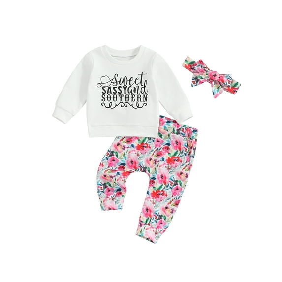 Bagilaanoe 3pcs Toddler Baby Girl Long Pants Set Letter Print Long Sleeve Sweatshirt Tops + Floral Leggings + Headband 6M 12M 18M 24M 3T Kids Casual Clothes