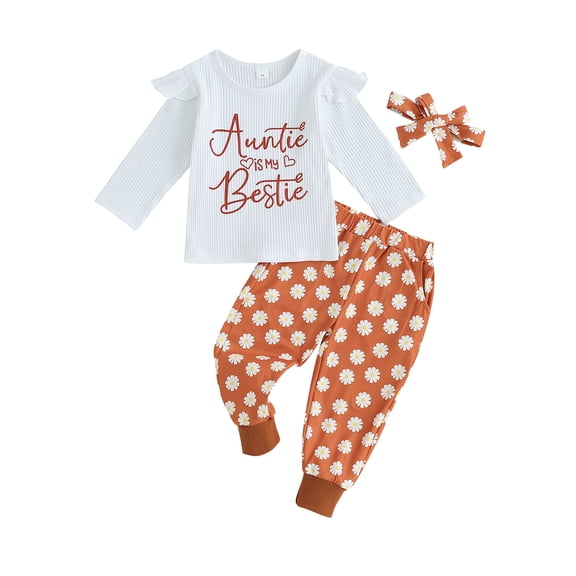 Bagilaanoe 3pcs Toddler Baby Girl Long Pants Set Ribbed Ruffled Long Sleeve T-Shirts Tops Floral Leggings Headband 6M 12M 18M 24M 3T Kids Casual Outfits