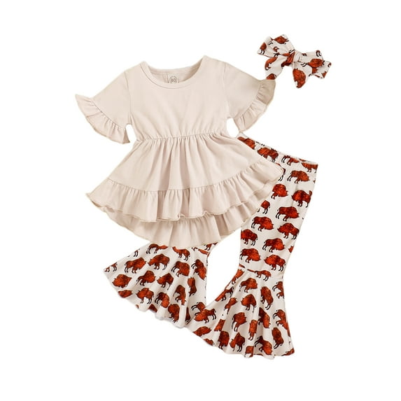 Bagilaanoe 3pcs Toddler Baby Girl Long Pants Set Short Sleeve Ruffled A Line Dress Tops + Print Flare Trousers + Headband 9M 12M 18M 24M 3T 4T 5T Kids Casual Outfits