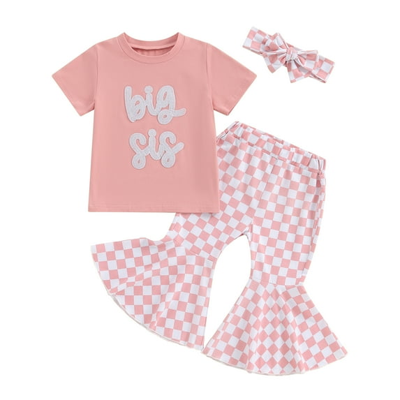 Bagilaanoe 3pcs Toddler Baby Girl Pants Letter Set Short Sleeve T-Shirts Tops + Checkerboard Flare Trousers + Headband 18M 24M 3T 4T 5T 6T Kids Summer Casual Clothes