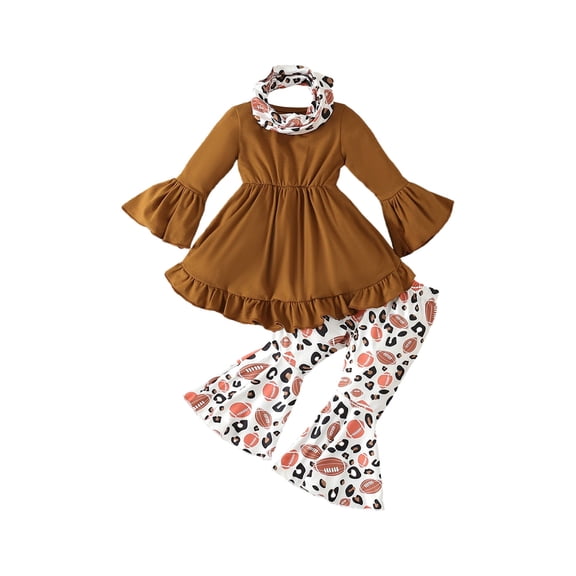 Bagilaanoe 3pcs Toddler Baby Girl Pants Set Ruffled Long Sleeve A-Line Dress Tops + Flare Trousers + Headband 12M 24M 3T 4T 5T 6T Kids Casual Clothes