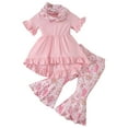 thumbnail image 1 of Bagilaanoe 3pcs Toddler Baby Girl Pants Set Ruffles Short Sleeve A-Line Dress Tops + Flare Trousers + Neckerchief 1T 2T 3T 4T 5T 6T Kids Casual Clothes, 1 of 7