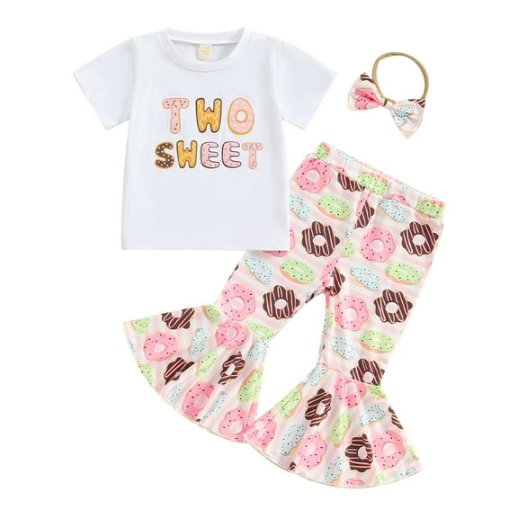 Bagilaanoe 3pcs Toddler Baby Girl Pants Set Short Sleeve T-Shirt Tops   Flare Trousers   Headband 18M 24M 3T 4T Kids Casual Clothes